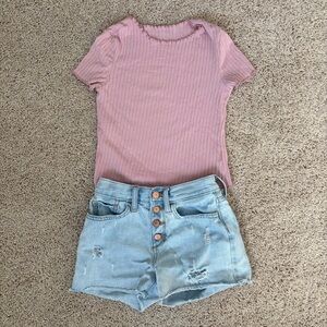 Girls Blush Ribbed Knit Top with old Navy Jean Shorts